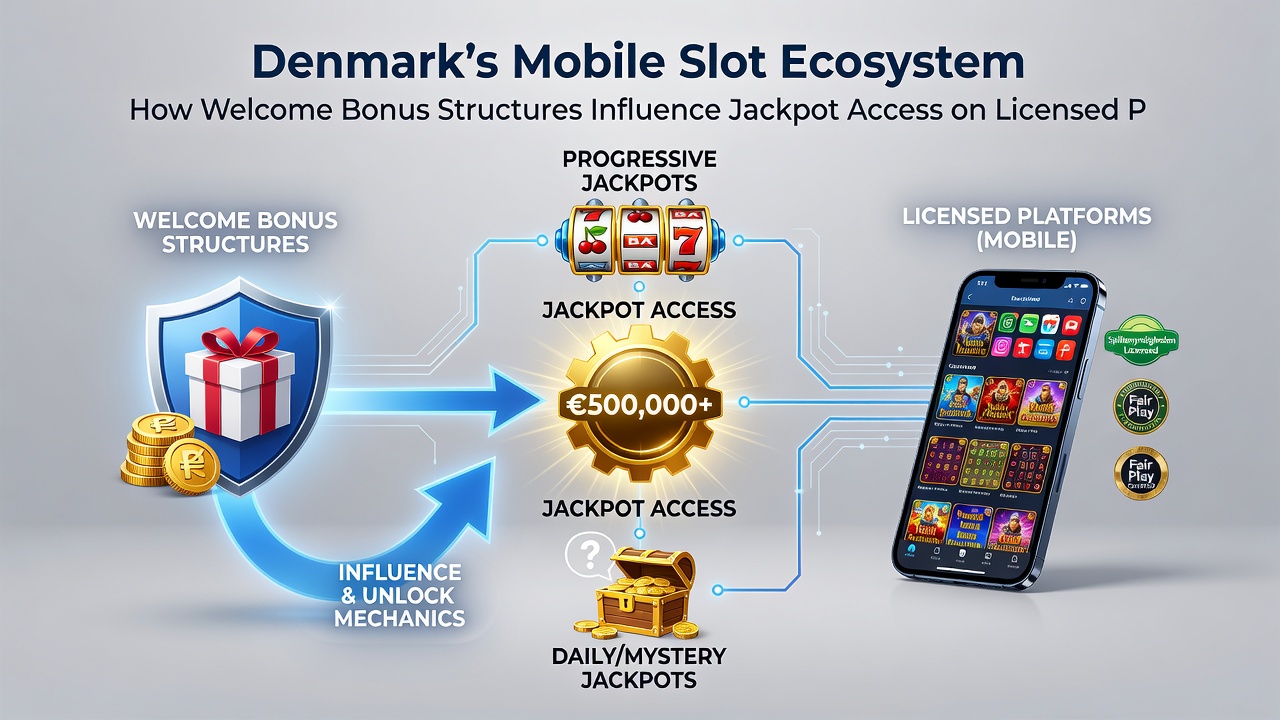Illustration af mobilapp med velkomstbonus og jackpotfunktioner på licenseret dansk platform